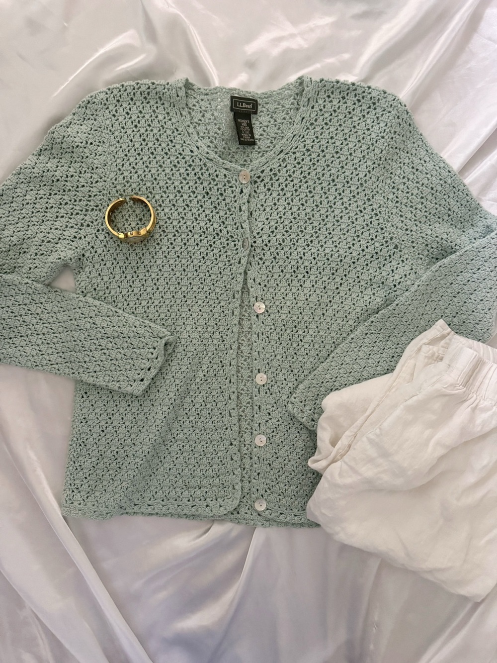 L.L. Bean Women's Mint Crochet Button-Front Cardigan